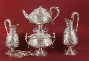 Teaset with chased decoration, in the French style, London, 1874-75